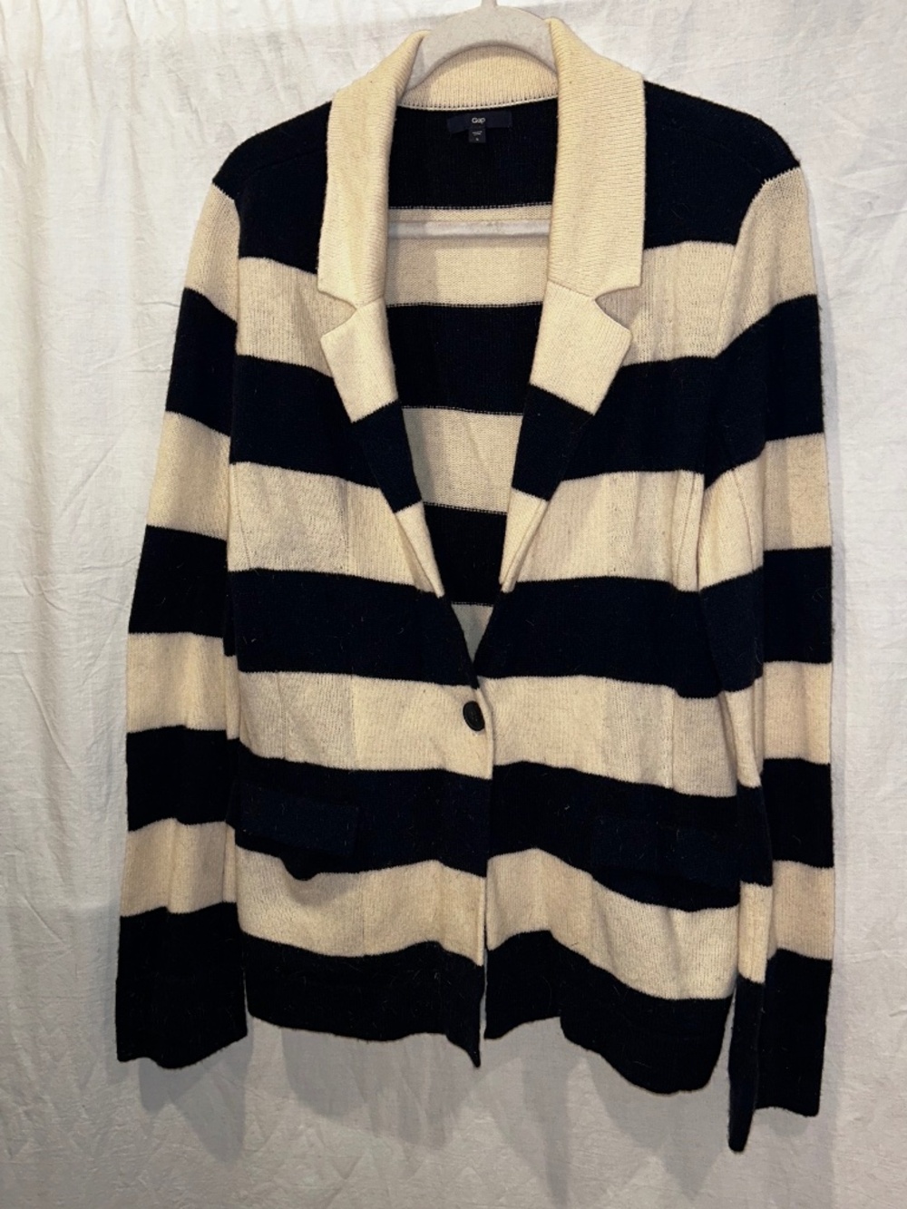 GAP blue cream rugby striped blazer cardigan sweater jacket L